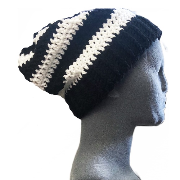 Hat Stripes Black White Beanie Goth Boho Beetlejuice Tim Burton Wednesday Thin - Picture 1 of 5
